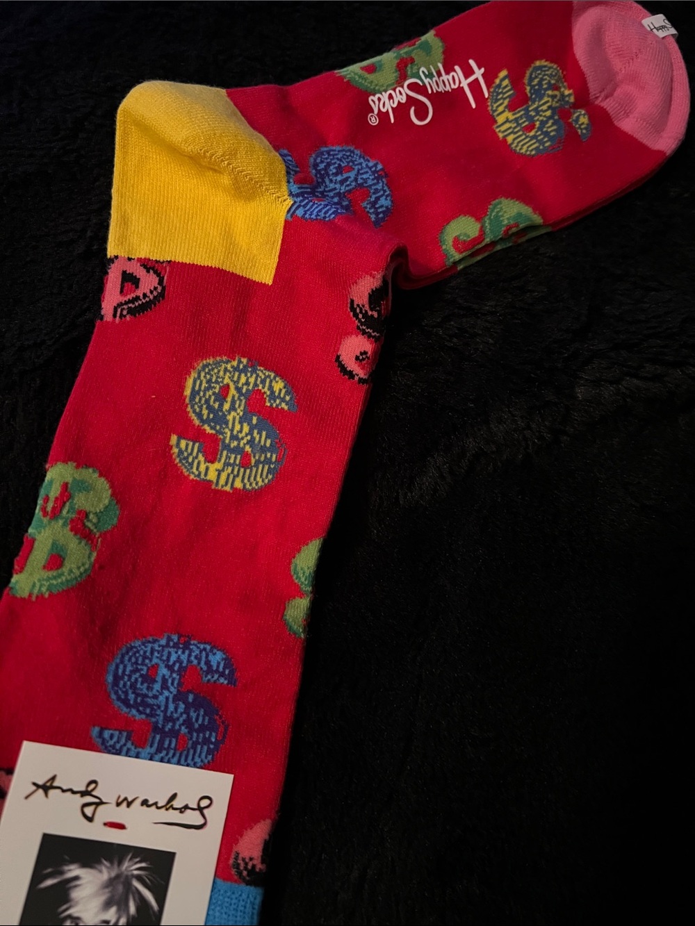 Happy Socks Red Dollar Sign Crew Socks with Yellow Heel and Pink Toe